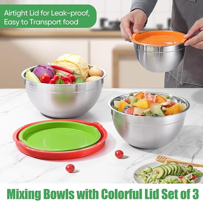 P&P CHEF Stainless Steel Mixing Bowls with Lids, Set of 3, Multicolor | Nesting Salad Bowl, Sturdy& Rust Proof, Airtight & Stackable, Suit for Mixing, Storing, Prepping, 3 Size - 4.6/3 /1.5 QT