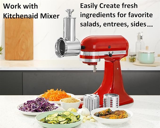 FavorKit Chesse Grater Slicer Shredder Attachment for Kitchenaid Mixers | 100% Stainless Steel Salad Maker Accessory, 60mm Large Feed Chute, EasyClean Dishwasher Safe,Save Time-2LB potato only 1min.