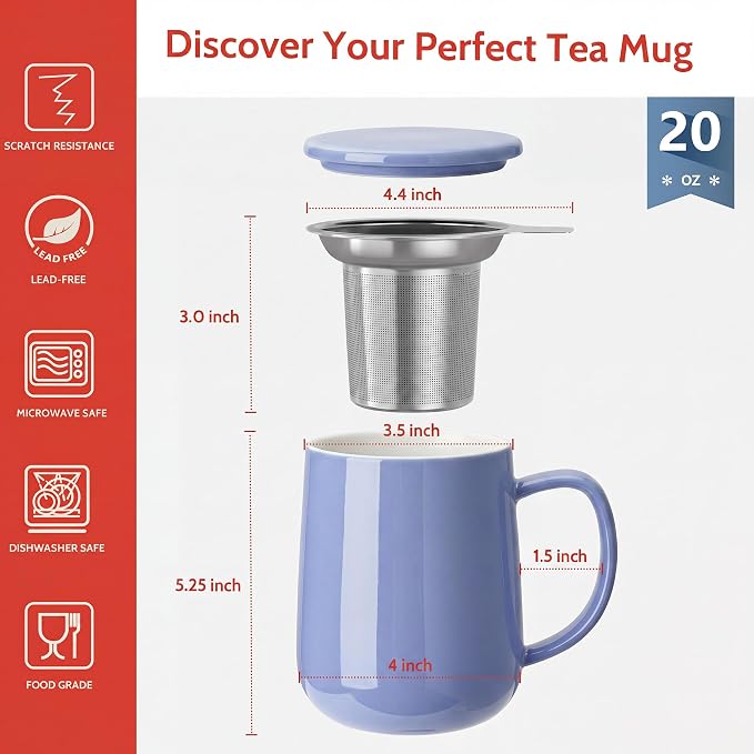 Sweese 20 OZ Porcelain Tea Mug with Infuser and Lid, Dusty Blue Tea Cup