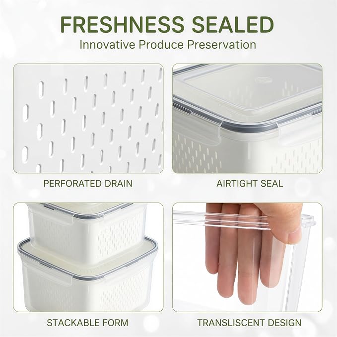 5 Pack Fruit Storage Containers for Fridge, Leakproof Plastic Bins with Removable Drain Colander, Stackable Produce Saver for Fresh Berry Lettuce Vegetable and Meat Storage