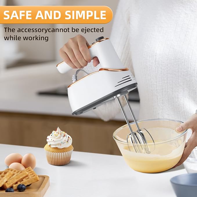 Hand Mixer, 5-Speed Electric with Turbo Boost, White, Copper Motor, 400W, Dishwasher-Safe Attachments for Baking, Whipping, Dough