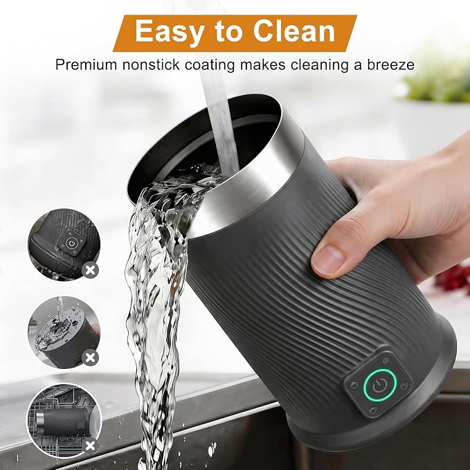 Wowteam Milk Frother, 4-in-1 Electric Milk Steamer, Warm and Cold Milk Warmer and Foam Maker for Coffee, Latte, Cappuccinos, Macchiato, 8.2oz/240ml, Stainless Steel (Black)