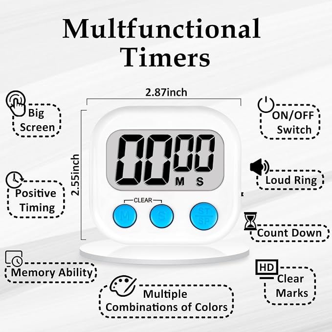 ZILLEEN Digital Kitchen Classroom Timers for Kids Cooking 12pcs Wht Blu Grn | Strong Magnetic, Large Screen, Big Button, Count Up/Down, Loud Alarm, Teacher Classroom Must Haves Supplies