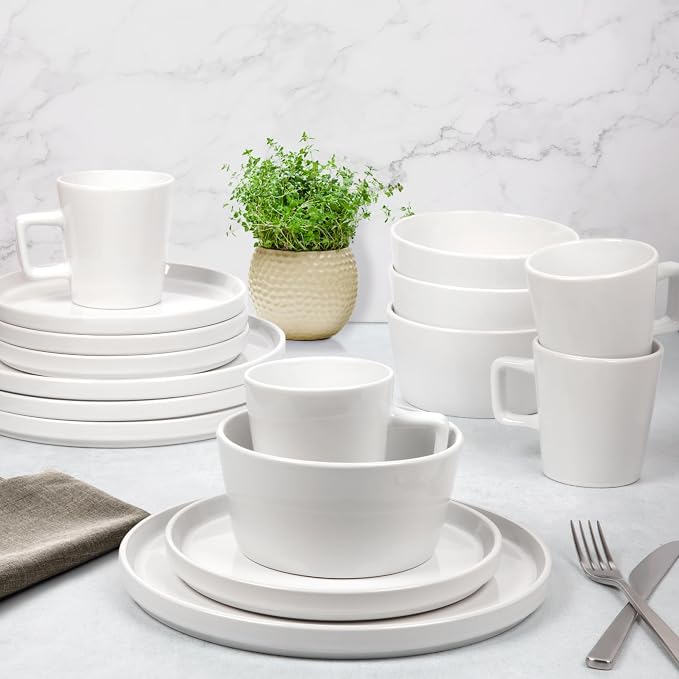 Zulay Kitchen Terra Plates and Bowls Sets, 16 Piece Modern Stoneware Dish Set for 4, Chip and Scratch Resistant Ceramic Dinnerware Set, Microwave and Dishwasher Safe, White