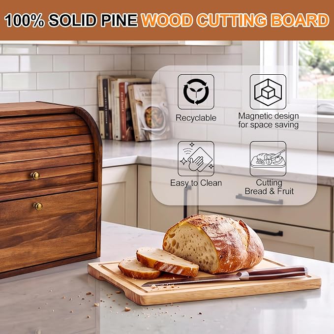 Alpeir Roll Top Bread Box with Cutting Board for Kitchen Countertop, Brown | Large Breadbox with Ventilation Holes, Double Layer Pantry Shelf, Wooden Homemade Bread Storage Container, Vintage Farmhouse