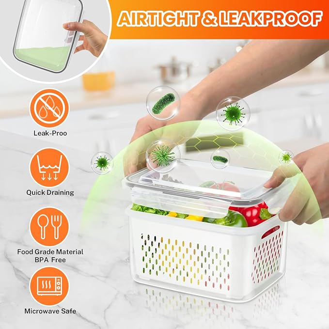 8 Pieces Fruit Storage Containers for Fridge with Lids and Strainer | 4Pack Fruit Containers for Fridge, Fresh Produce Saver Keeper for Vegetable Fruit Salad, BPA Free Organizer for Refrigerator