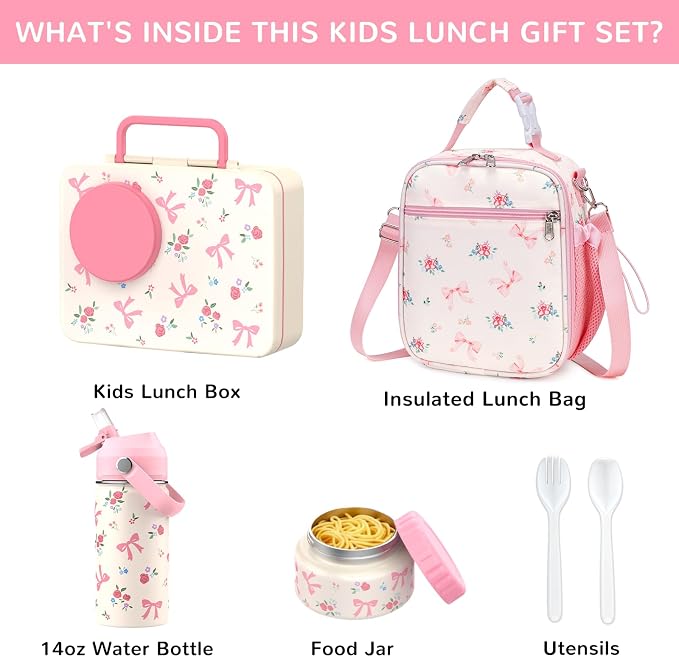 Bento Lunch Box for Kids Adult, Leakproof 3-4 Compartment Bento Box Set with Insulated Food Jar,Water Bottle, Lunch Bag, School Lunch Container for Toddler Teen Girls Boys Ages 3+(PK floral)