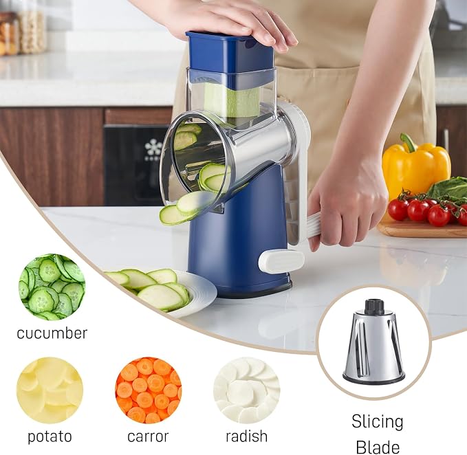 Weltonhm 4 in 1 Large Rotary Cheese Grater Hand Crank (Blue, 4 Graters) | Cheese Shredder Rotary and Slicer with 4 Stainless Steel Blades for Vegetables, Veggie and Cheese, Stronger Suction Base