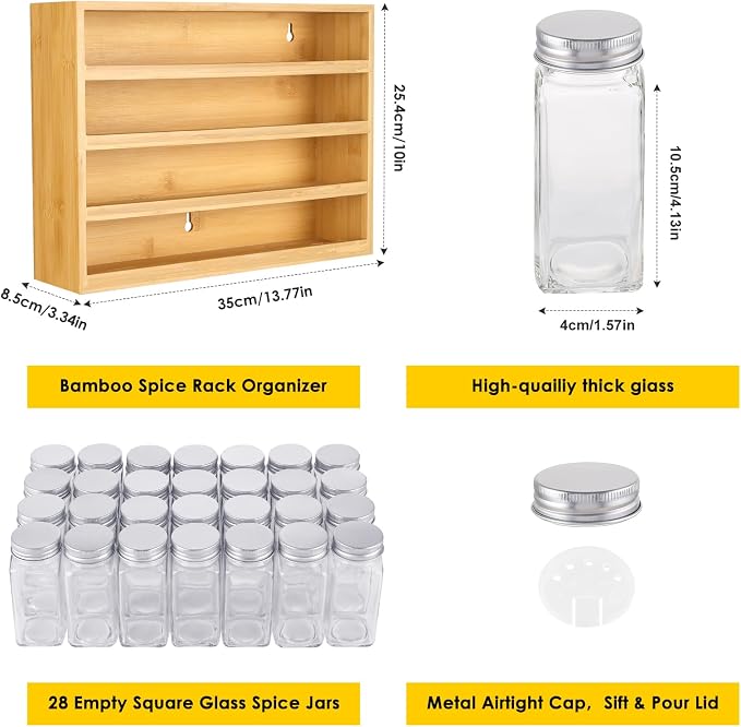 Bamboo Spice Rack Organizer With 28 Glass Spice Jars 4 oz, for Countertop | 780 Labels, 4 Tier Wood Hanging Shelf, Chalk Marker and Funnel Set for Drawer Cabinet Kitchen Wall Mount, Empty 4 oz Jars