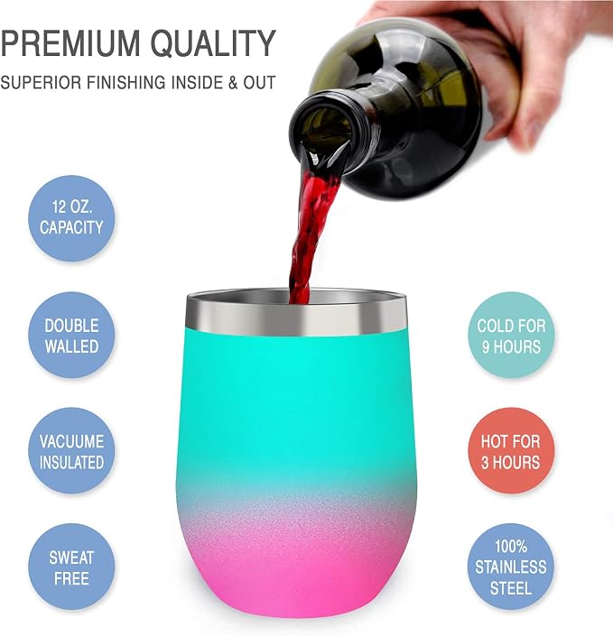 CHILLOUT LIFE 12 oz Stainless Steel Wine Tumbler with Lid - Double Wall Vacuum Insulated Wine Cup Glass Keeping Cold & Hot for Coffee, Champagne, Cocktails, Ice Cream - Powder Coated Aqua Blue/Pink