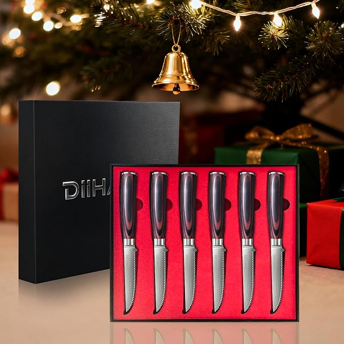 DiiHAUZZ Steak Knives Set of 6, 4.5 Inch Ultra Sharp Serrated Knife Set | Hight Carbon Stainless Steel Blade, Ergonomic Pakkawood Handle, Non-Slip, Gift Box