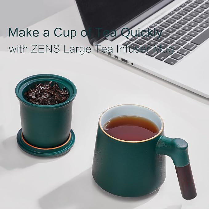 ZENS Tea Mug with Infuser and Lid for Loose Tea Diffusers, 12oz Navy | Embossed Ceramic Tea Cup with Infuser for Herbal Tea Difussers, Tea Lovers Gifts, Vintage Wood Handle