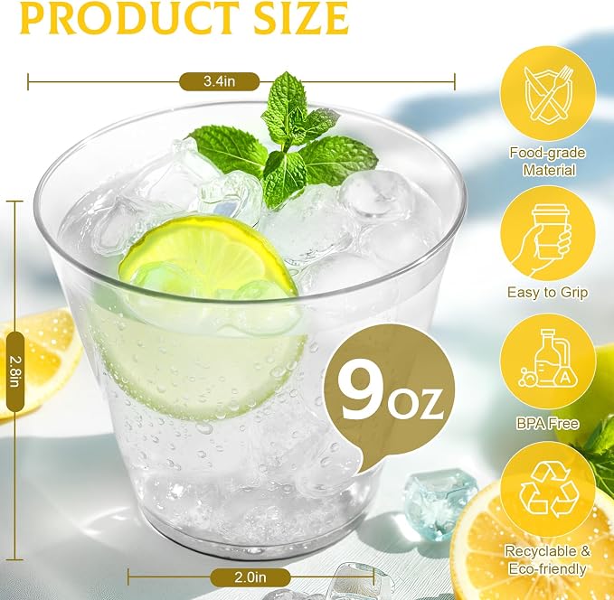 Glowserve 9 OZ Clear Disposable Plastic Cups Cocktail Cup 150 Pack | Fancy Cocktail Cup,Stemless Wine Glass,Wedding Wine Glasses,Graduation Birthday,World Cup,Party Essentials