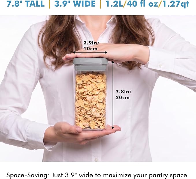 Shazo Airtight Food Storage Containers with Lids - 6 PC BPA Free Clear Plastic Cereal Containers with Easy Lock Lids for Kitchen and Pantry Organization for Snacks and Pasta - 1.2L