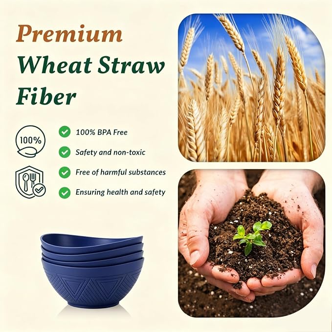 Wheat Straw Bowls, 9.6 inch Salad Bowls, Large Serving Dishes for Wedding Parties, Camping, 60 OZ Bowl Set for Salad, Popcorn, Oval Shape, Microwave & Dishwasher Safe, Set of 4, Dark Blue