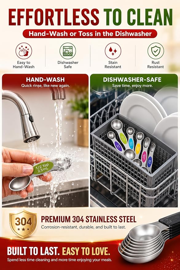 Premium Magnetic Measuring Spoons Set|Strong N52 Magnets|Heavy Duty Stainless Steel|Dual-Sided for Spice Jar & Liquid Measuring|Dishwasher Safe|7 Spoons with Leveler for Baking & Cooking (Colorful)