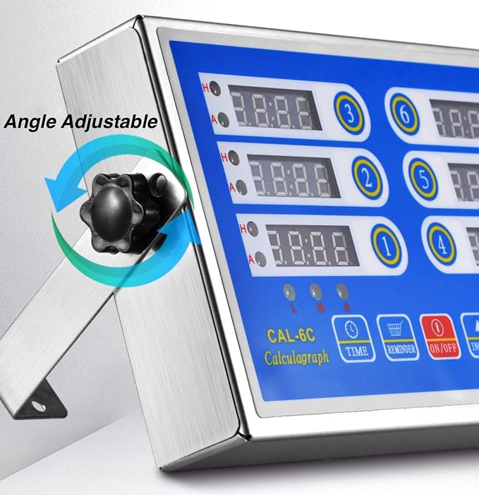 6-Channel Commercial Kitchen Timer, Professional LED Digital Timer for Cooking, Loud Alarm Volume +/-, Heavy Duty Stainless Steel Large Timers with Waterproof Panel & Memory Function