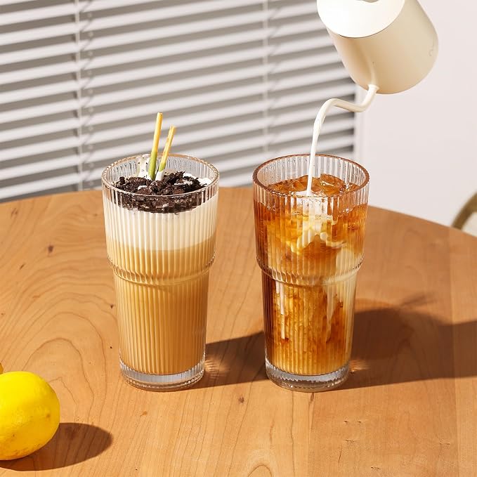 Ribbed Glass Tumbler Drinking Glasses with Lids & Straws, Leak-Proof 20oz and 15oz Glass Cups, 4PCS Glass Tumblers, Ideal for Home, Office, Outdoor Use
