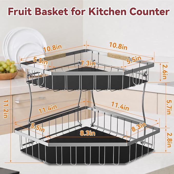 2 Tier Fruit Basket for Kitchen Counter with 2 Banana Hangers for Corner | Detachable Metal Fruit Bowl with Wooden Handle, Large Capacity Fruit Stand for Bread Fruit and Vegetable Storage, Silver