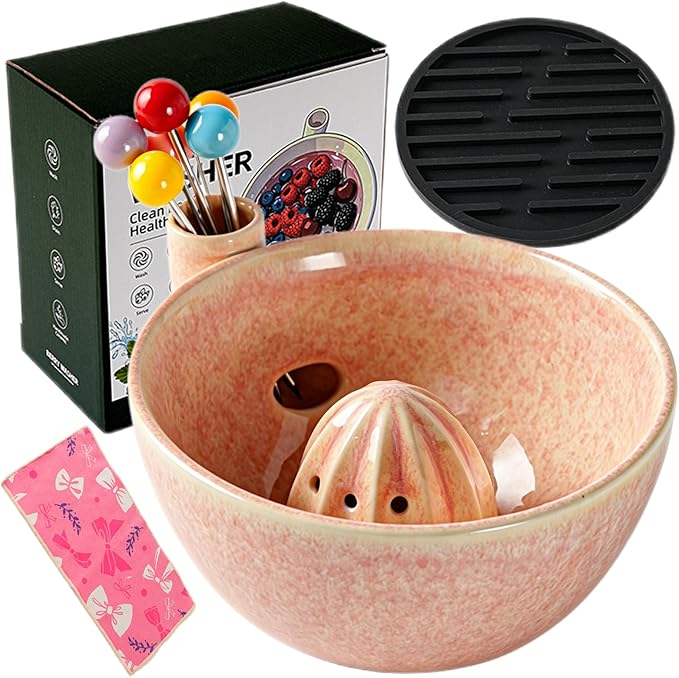 Self Spinning Ceramic Berry Washing Bowl with Drain Holes, 5.5'' Kitchen Fruit Washer Spinner Bowl with Fruit Fork and Waterproof Pad (Small-Pink-A)