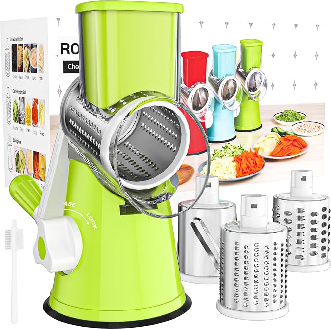 Cambom Rotary Cheese Grater Hand Crank Cheese Shredder for Fresh Cheese, Vegetable, Nuts,Non-slip Suction Base，Three Blades,Green