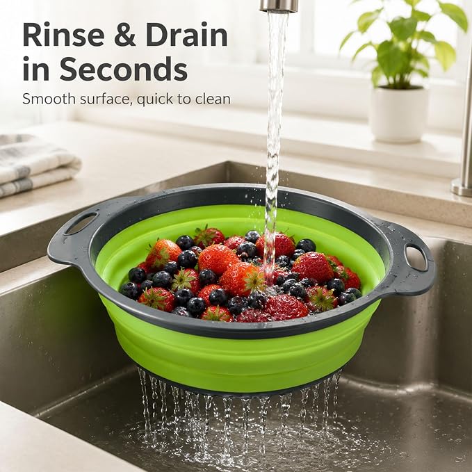 Collapsible Colander Set, 3 Pack Silicone Kitchen Strainer Set, Space Saving Design, Small Round Colander Baskets for Draining Pasta, Vegetable and fruit, (3Qt+4Qt+5Qt)