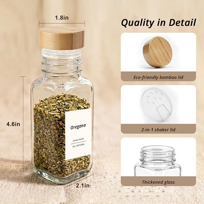 SHOWIN Spice Jars with Label, 6oz Spice Containers with Bamboo Lids 6pcs, Glass Spice Jars with Lids, Square Seasoning Containers for Rack, Cabinet, Drawer, Home Kitchen Seasoning Organizer