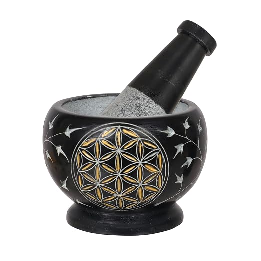 Mortar and Pestle, Made of Heavy Duty Polished Hard Stone, Natural Stone Grinder for Spices, Pastes, Herbs, Seasoning etc. (Flower of Life)