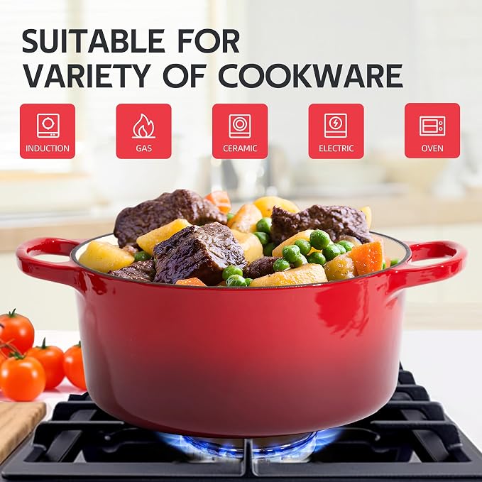 6 Quart Dutch Oven Enameled Cast Iron with Lid - Big Dual Handles - Oven Safe up to 500°F - Classic Round Pot for Versatile Cooking (Red, 6 QT)
