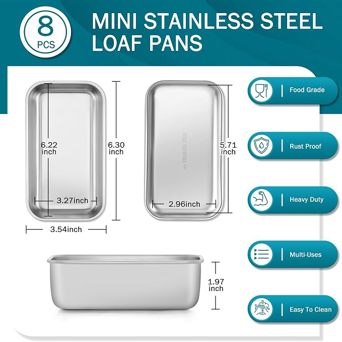 TeamFar Mini Loaf Pan, 8 PCS Stainless Steel Loaf Pans for Baking Bread | 6.3 x 3.5 Inch Bread Baking Pan for Homemade Bread, Meatloaf, Cake and Brownies, Non-Toxic, Oven & Dishwasher Safe