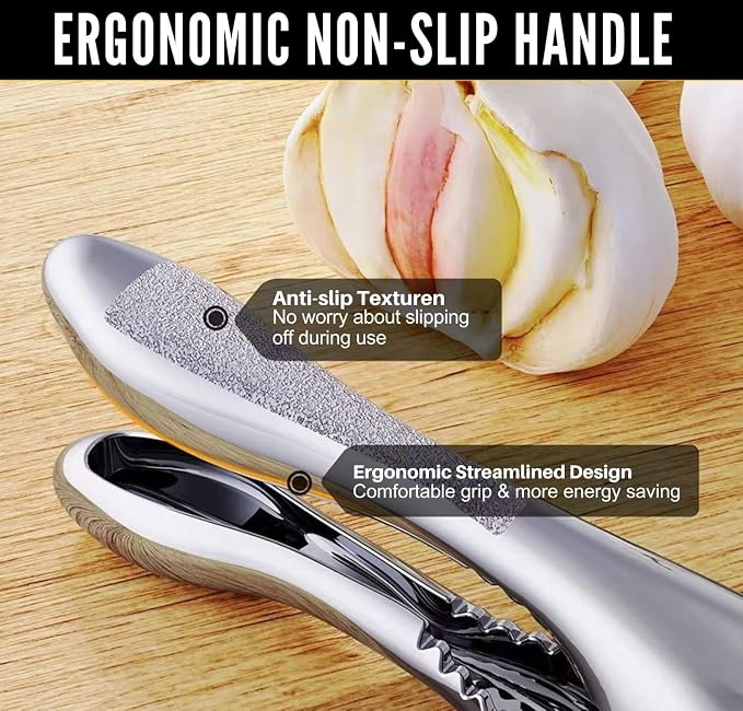 Garlic Press Stainless Steel - 3-in-1 Heavy Duty Garlic Press and Slicer, Professional Garlic Mincer Tool & Garlic Crusher with Ergonomic Handle, Dishwasher Safe Garlic Presser Set