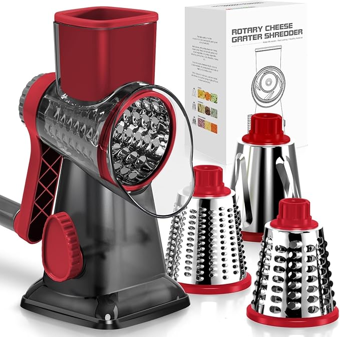 Rotary Cheese Grater Hand Crank Transparent - Shredder Slicer Grinder 3 Stainless Steel Blades, Stable Suction, Labor-Saving Handle, Safe Kitchen Tool for Cheese, Vegetable, Nuts, Chocolate