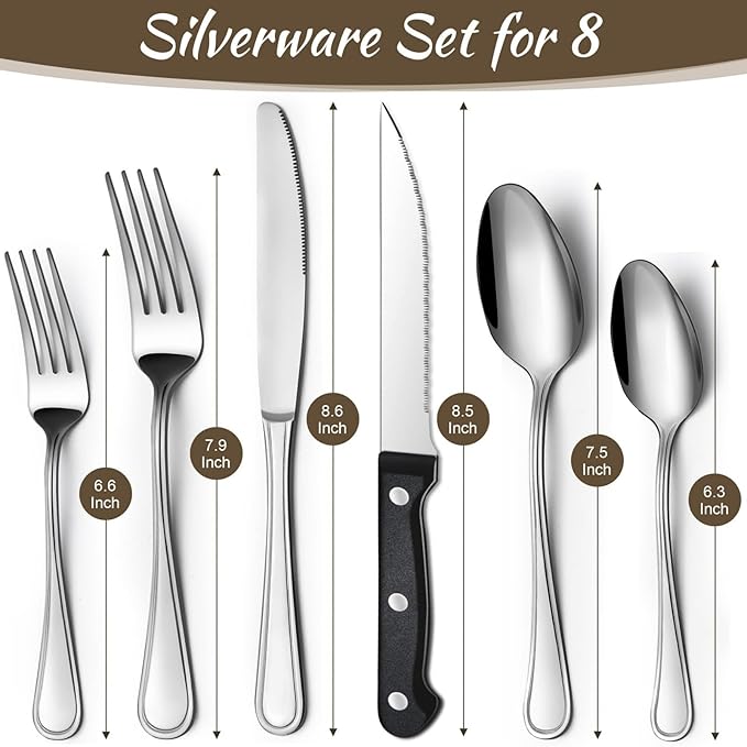 Hunycook 48-Piece Silverware Set - Stainless Steel Silverware Set for 8, Stainless Steel Flatware Set with Forks, Knives & Spoons, Mirror Polished Cutlery Set, Dishwasher Safe