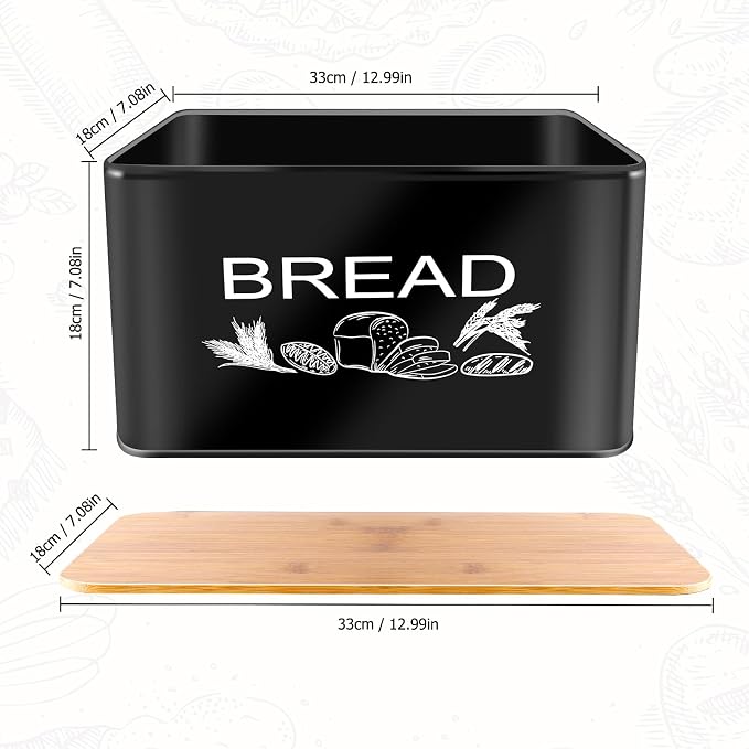 JIGUOOR Black Bread Box, Extra Large Space Saving Vertical Metal Bread Box | with Wooden Cutting Board Lid, Holds 3 Loaves, Farmhouse Kitchen Bread Storage, Kitchen Parts Box 12.99" x 7.08" x 7.08"