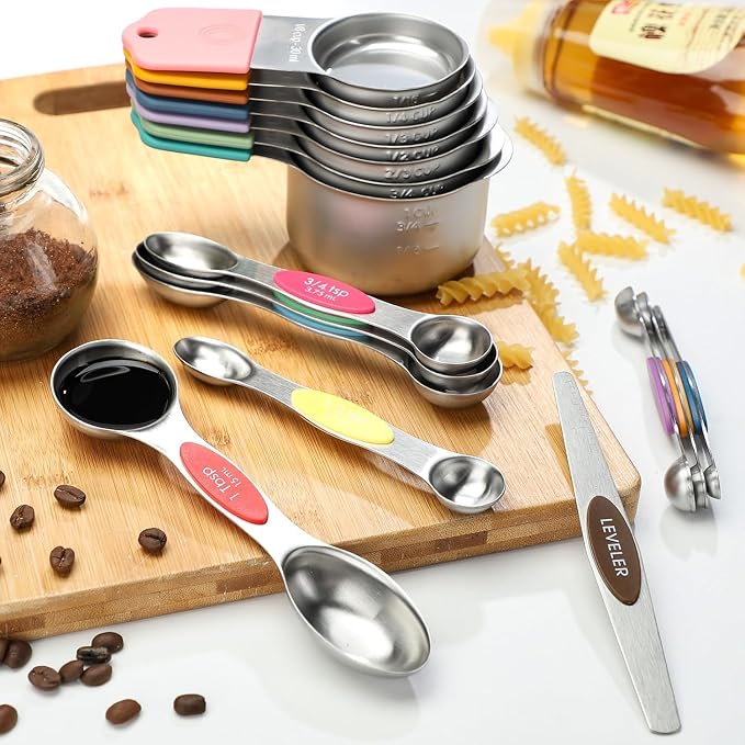 Measuring Cup and Spoon Set Stainless Steel Includes 7 Stackable Measuring Cups 8 Double-Sided Magnetic Measuring Spoons, 1 Level Meter for Dry and Liquid Ingredients