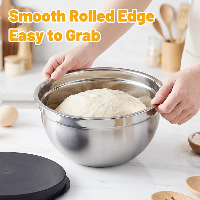 Beasea Stainless Steel Mixing Bowls, 2 Pack 3.4 QT Metal Nesting Mixing Bowls with Black Lids, Stackable Baking Bowl with Lid for Kitchen, Prepping, Serving, Cooking
