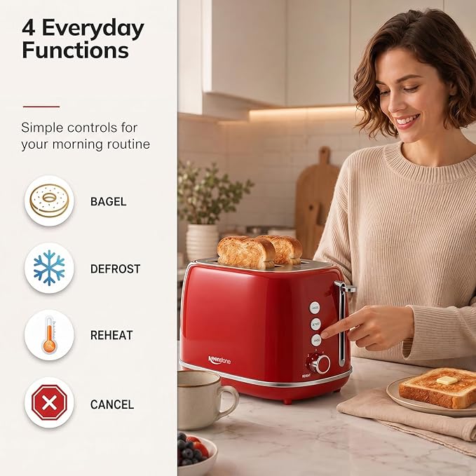 2 Slice Stainless Steel Toaster Retro with 6 Bread Shade Settings, Bagel, Cancel, Defrost Function, Extra Wide Slot, Removable Crumb Tray, Red