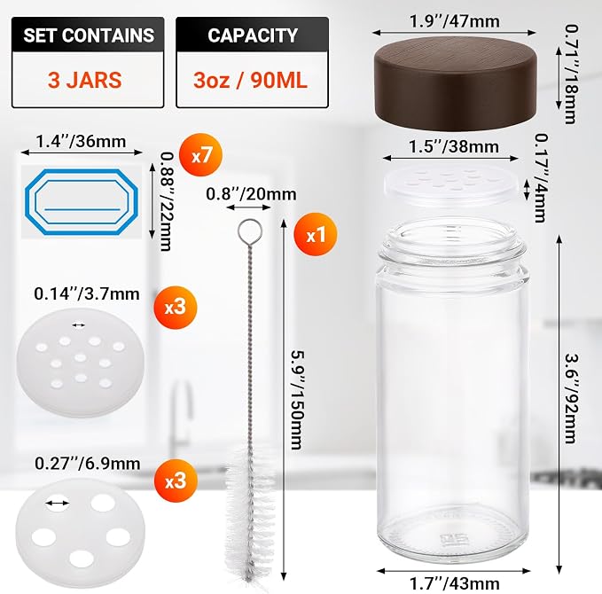 Segarty 3oz Spices Jars with Wood Lids, 3 Pack 90ml Round Spice Containers, Empty Glass Seasoning Organizers Spices Cereals Storage Bottles, Small Salt and Pepper Shakers with 7 Stickers and 1 Brush