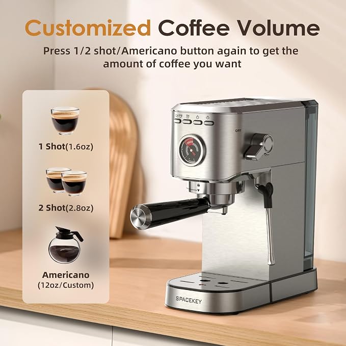 Spacekey Espresso Machine with Milk Frother, 20 Bar Compact Expresso Coffee Machines for Home, Stainless Steel Espresso Maker with 39oz Removable Water Tank for Cappuccino Latte, Fast Heating, Silver