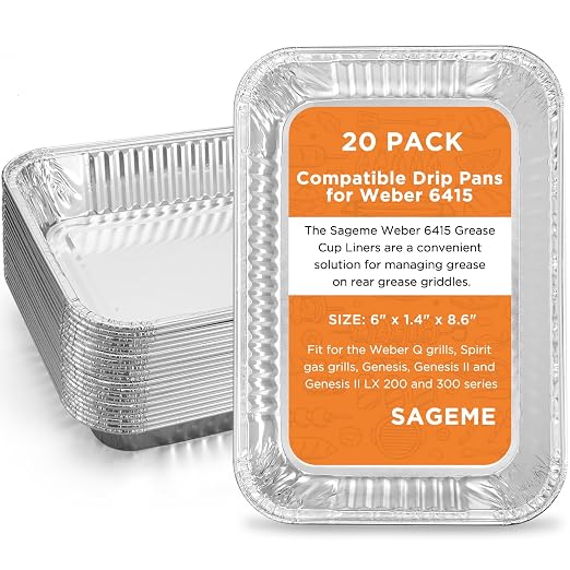 20 Pack Weber Grills Compatible Drip Pans 6415 for Weber Grills Spirit Gas Grills, Q Grills, Genesis and Genesis II LX 200 300 Series Disposable Aluminum Foil Grease Trays 6 x 1.4 x 8.6 Inches