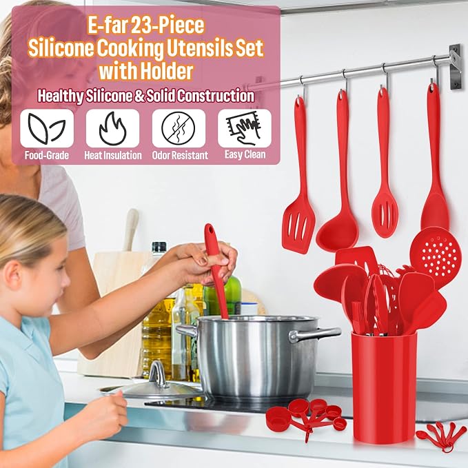 Silicone Kitchen Utensils Set, E-far 23 Pcs Red Cooking Utensils Tools with Holder for Nonstick Cookware, Include Spatula/Spoon/Ladle/Tongs/Turner, Heat Resistant & Nontoxic, Dishwasher Safe