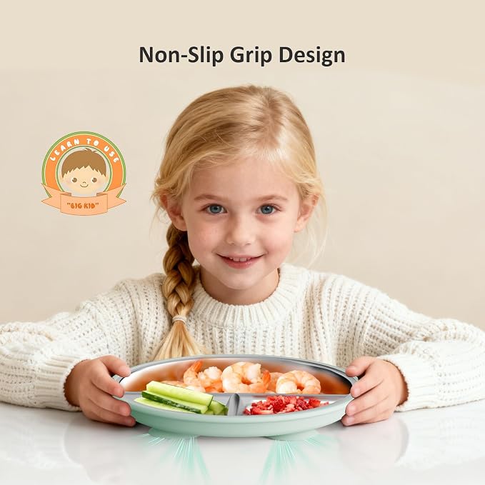 Bakpoco Stainless Steel Suction Plates for Toddlers, 9" Divided Kids Baby Plates with Removable Silicone Suction, Non Toxic Non Slip Portion Control Snack Dishes 3 Packs, Blue Gray Sage