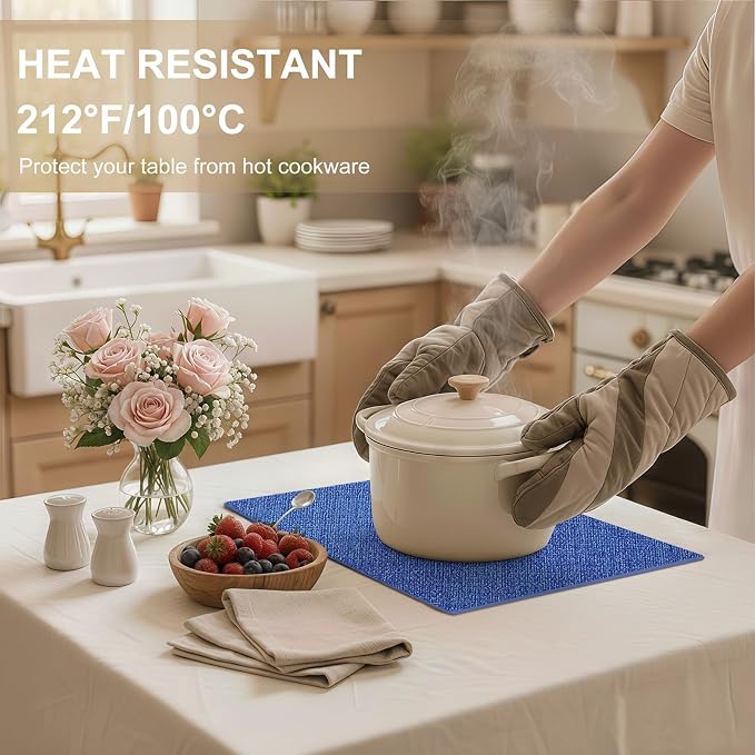 Faux Leather Heat Resistant Placemats 4 Packs, Waterproof Wipeable Dining PU Place Mats for Indoor & Outdoor, Easy to Clean, Sea Blue