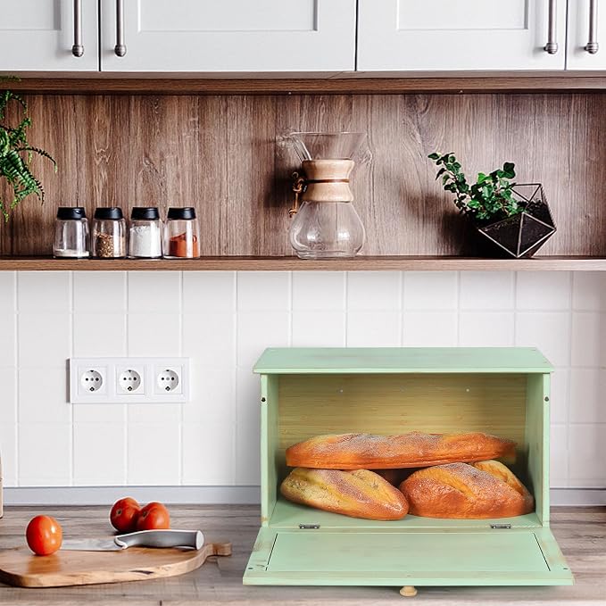 HOMEKOKO Large Wood Bread Box for Kitchen Counter, Retro Design Single Layer Bamboo Large Capacity Food Storage Bin (Mint Green)