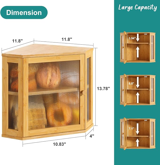 Corner Bread Box, Bamboo Bread Box for Kitchen Countertop, 2 Tier Wooden Bread Storage (Natural, Medium)