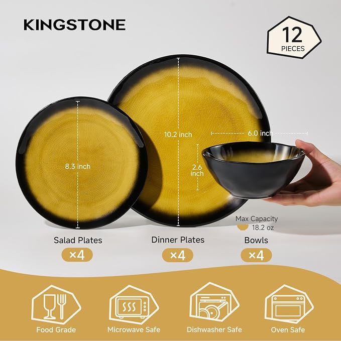 12-Piece Dinnerware Set for 4, Ice Crackle Glaze Plates & Bowls | Gradient Yellow to Black Ombre Dinner Dish Set, Microwave, Dishwasher & Oven Safe, Unique Holidays & Weddings Gift
