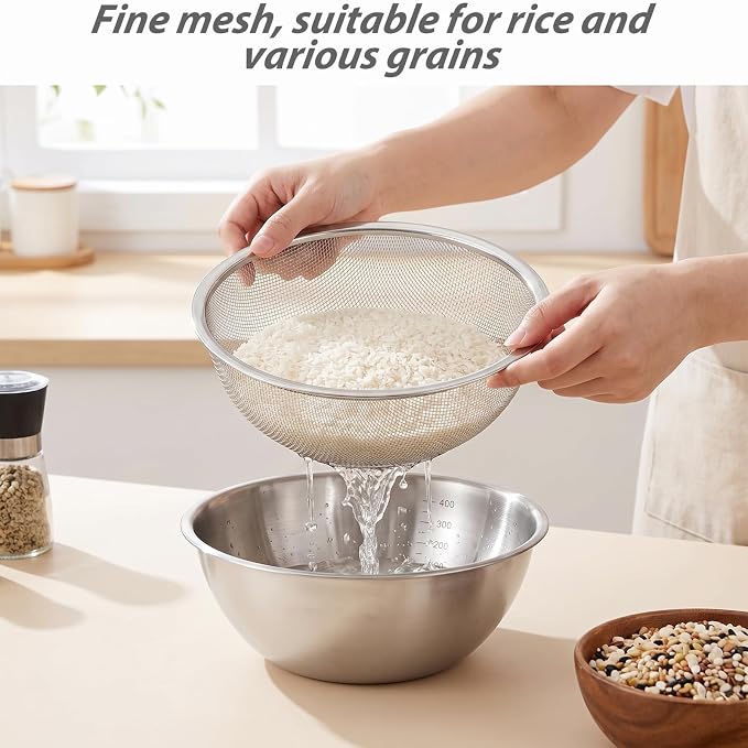 2 Pcs Stainless Steel Kitchen Colander Set Rice Washer Strainer Mixing Bowl | Colander Bowl Set with Microporous, Kitchen Mesh Net Strainer Basket, for Washing Vegetables Fruits Rice Pasta
