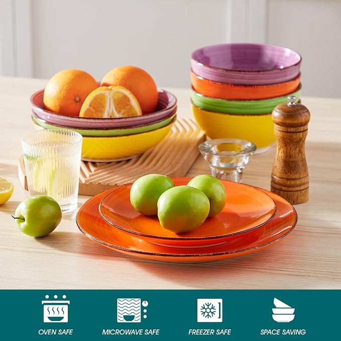 vancasso Bonita 10.5 Inch Ceramic Dinner Plates Set of 6, Warm Colors | Microwave and Oven Safe, Durable Glaze Resists Scratches and Chips, Set of 6 Stackable, Colorful Bonita Design, Salad Plates