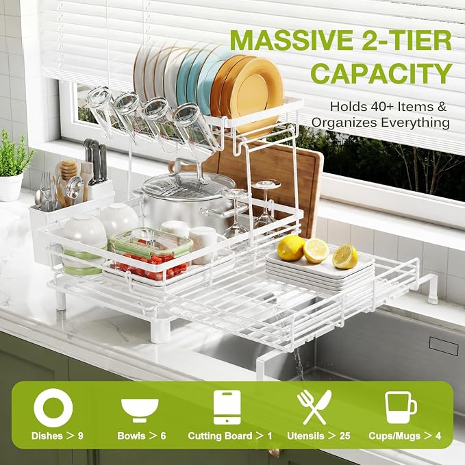 2-Tier Expandable Dish Drying Rack for Kitchen Counter, White | Large Capacity Dish Rack Organization, Heavy-Duty Carbon Steel, 17 lbs Capacity, Swivel Drain Spout & Cup Hooks
