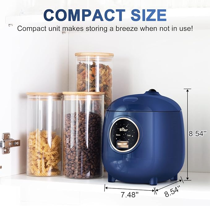 Bear Mini Rice Cooker, 2-Cup Uncooked, Nonstick, Keep Warm, BPA Free, Blue | Portable 1.2L nonstick small rice cooker for travel, dorm, single serve, One-touch operation, Removable pot, Auto keep warm